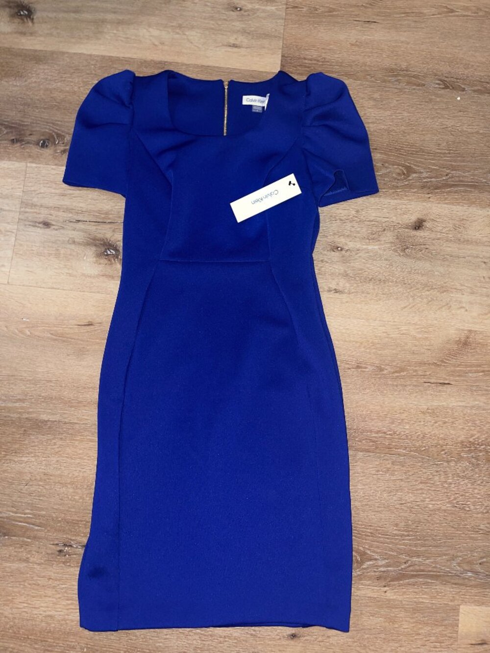 Calvin Klein Dress Size 4 Royal Blue Sheath Puff Sleeve Gold Zipper NWT